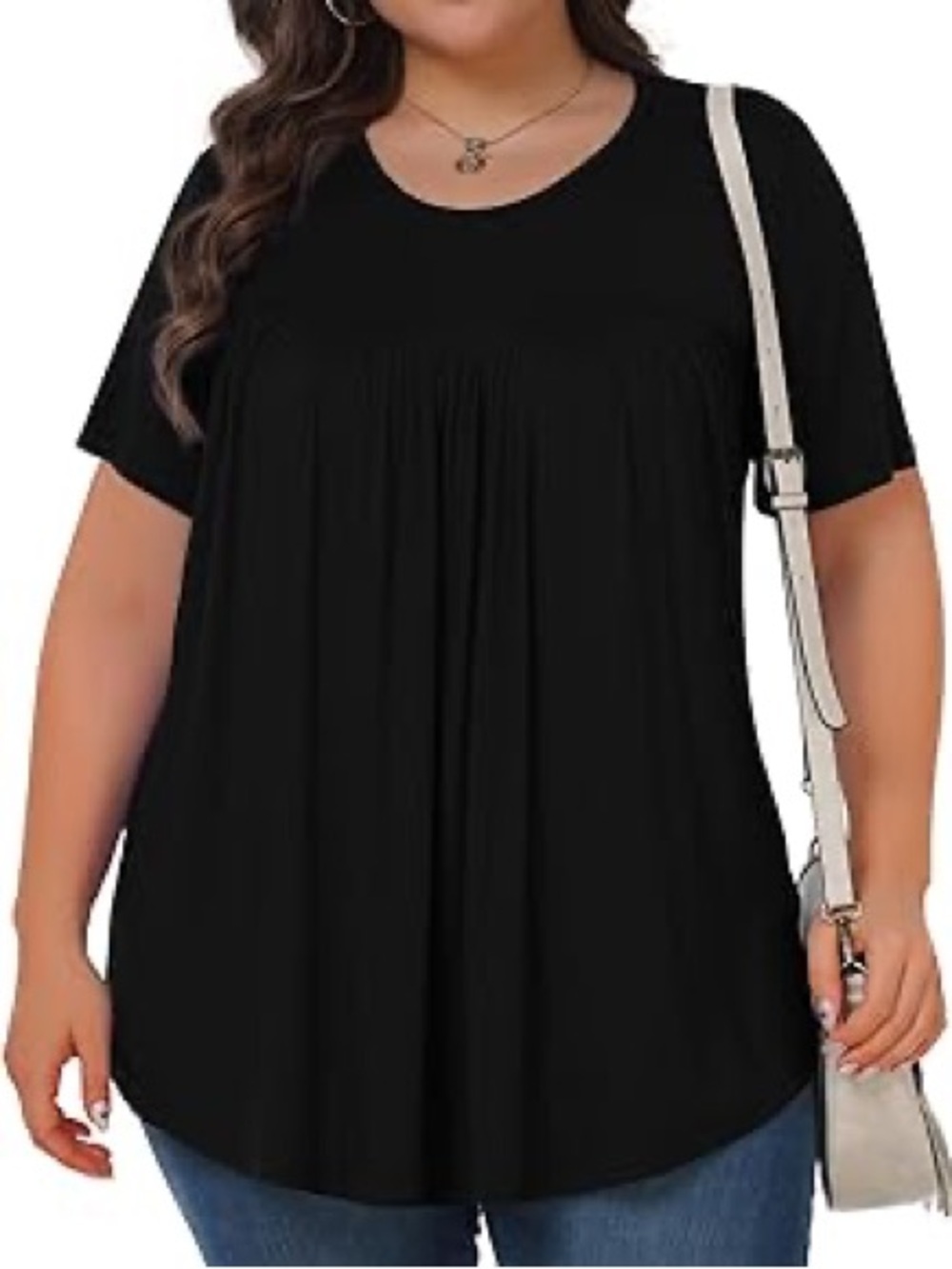 Black Short-Sleeve Tunic Top with Satin Trim